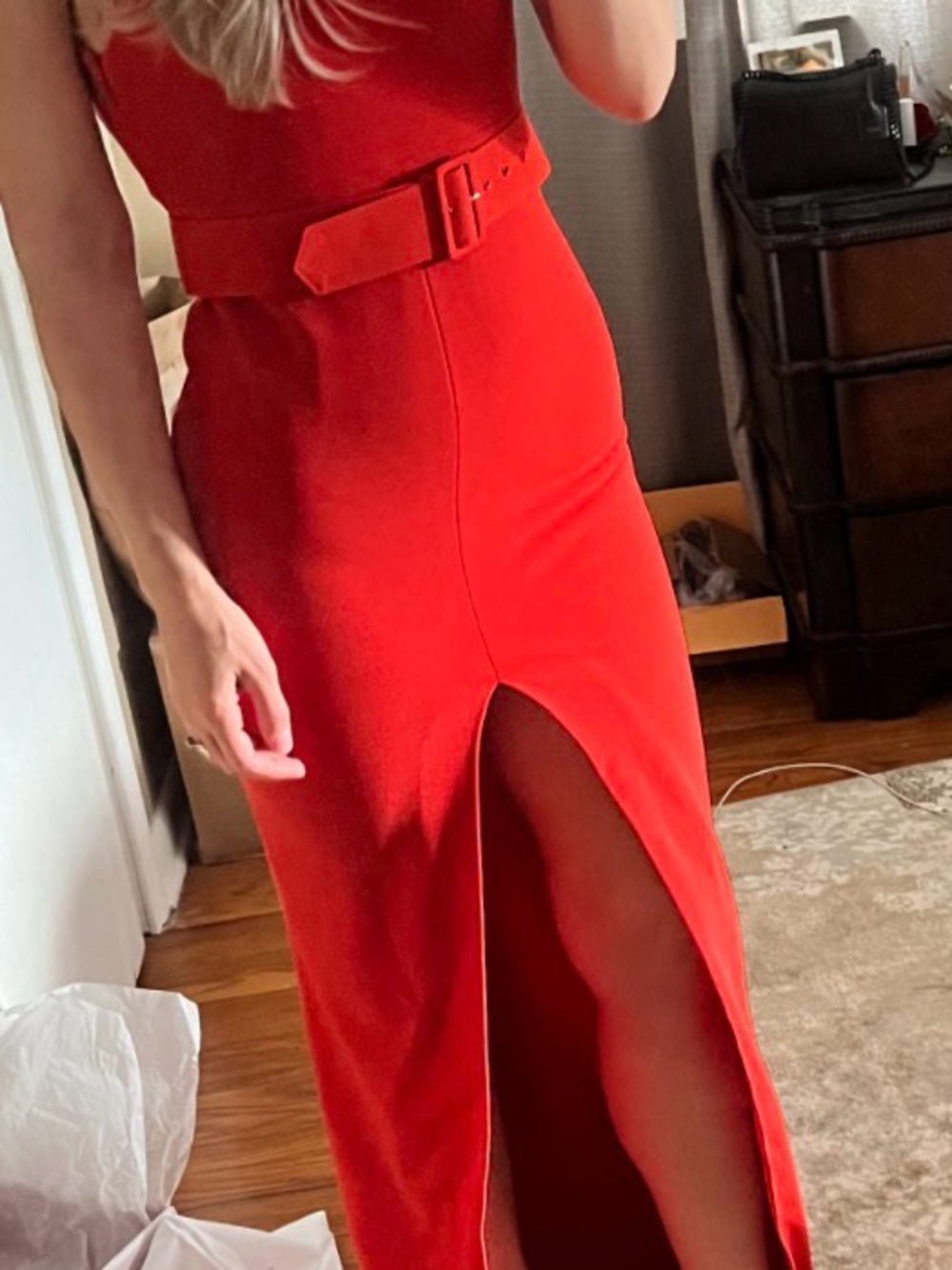 Solace London Red High-Low Midi Dress with Belted Waist